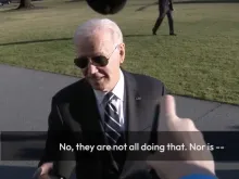 President Joe Biden responds to a question from EWTN's Owen Jensen about the Catholic bishops' position on federal funding of abortion.