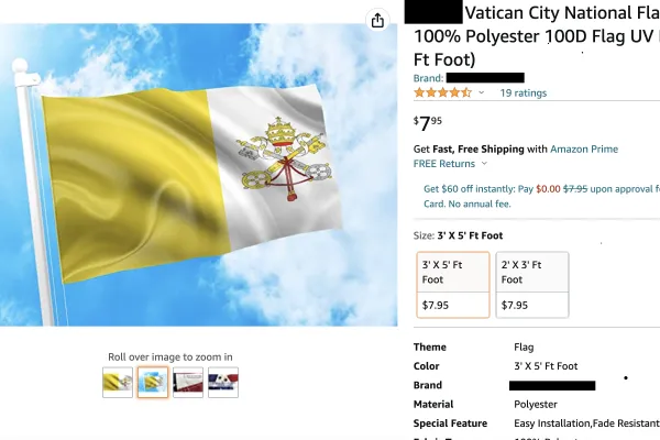 An inexpensive Vatican flag available for sale on Amazon that makes use of the incorrect Wikipedia flag design. Amazon/Screenshot
