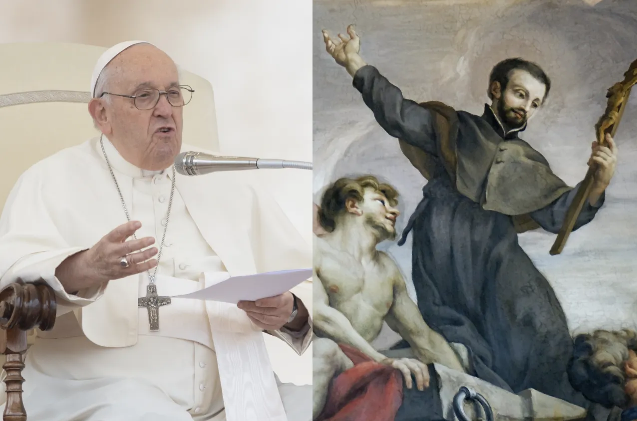 Pope Francis at his general audience on May 17, 2023 (left) and a painting of St. Francis Xavier in the Church of the Gesù in Rome (right).?w=200&h=150