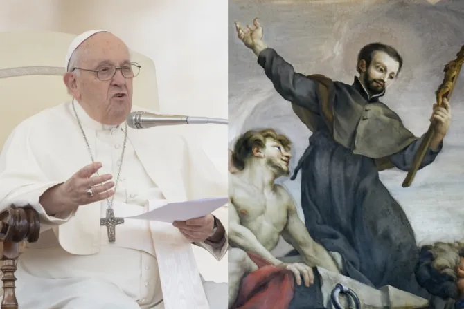 Pope Francis at his general audience on May 17, 2023 (left) and a painting of St. Francis Xavier in the Church of the Gesù in Rome (right).