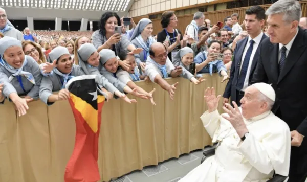 Pope Francis meets with a pilgrimage group led by the Sister Disciples of Jesus in the Eucharist in the Vatican's Paul VI Hall on Aug. 25, 2023. Vatican Media