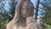 The vandalized statue of “Mary, Protector of the Faith” on the grounds of the Basilica of the National Shrine of the Immaculate Conception in Washington, D.C. The vandalism was discovered around 2:30 p.m. Feb. 15, 2024.