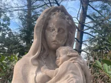 The vandalized statue of “Mary, Protector of the Faith” on the grounds of the Basilica of the National Shrine of the Immaculate Conception in Washington, D.C. The vandalism was discovered around 2:30 p.m. Feb. 15, 2024.