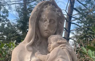The vandalized statue of “Mary, Protector of the Faith” on the grounds of the Basilica of the National Shrine of the Immaculate Conception in Washington, D.C. The vandalism was discovered around 2:30 p.m. Feb. 15, 2024. Credit: Alex Cranstoun/BNSIC