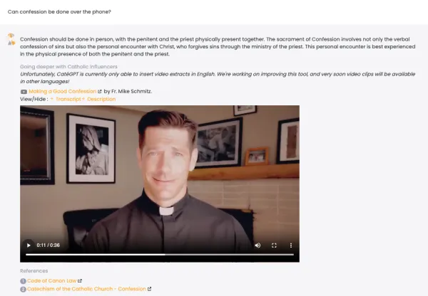 A screenshot of CatéGPT answering a question about the Catholic faith, with an embedded video from Father Mike Schmitz. Credit: CatéGPT/Screenshot