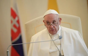 Pope Francis addresses an ecumenical meeting at the apostolic nunciature in Bratislava, Slovakia, Sept. 12, 2021. Vatican Media.