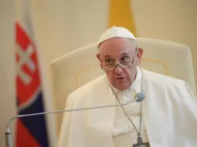 Pope Francis addresses an ecumenical meeting at the apostolic nunciature in Bratislava, Slovakia, Sept. 12, 2021.
