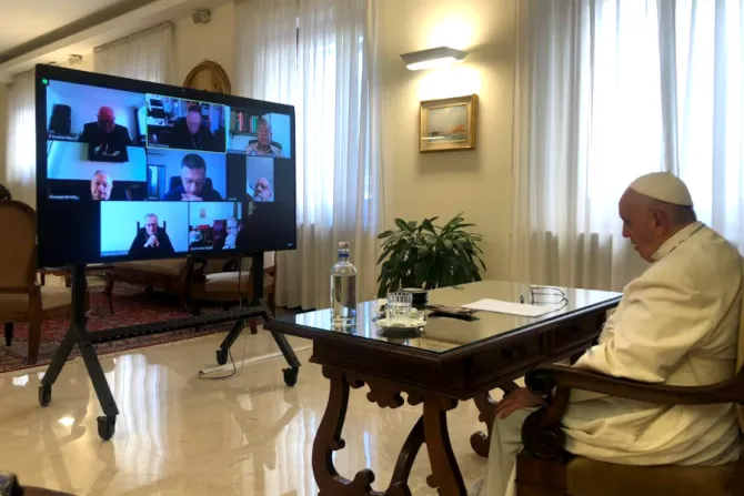 Pope Francis takes part in an online meeting of the Council of Cardinals at the Vatican, Sept. 21, 2021