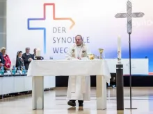 Bishop Georg Bätzing celebrates Mass at the second synodal assembly in Frankfurt, Germany, on Oct. 1, 2021.