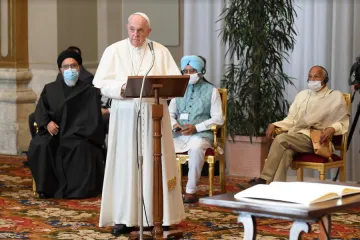 Pope Francis addresses participants in the meeting ‘Faith and Science: Towards COP26’ at the Vatican’s Hall of Benediction, Oct. 4, 2021.