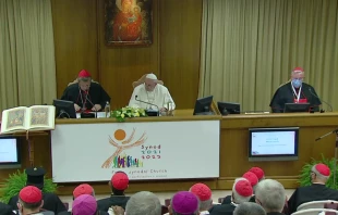 Pope Francis takes part in a moment of reflection for the opening of the synodal path at the Vatican’s New Synod Hall, Oct. 9, 2021. Screenshot from Vatican News YouTube channel.