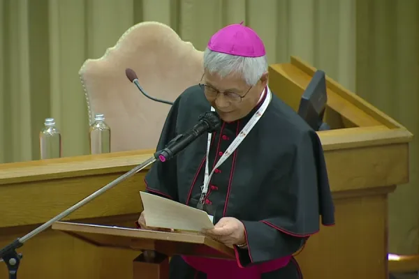 Archbishop Lazarus You Heung-sik, the prefect of the Congregation for the Clergy, speaks at the Vatican’s New Synod Hall, Oct. 9, 2021. Screenshot from Vatican News YouTube channel.