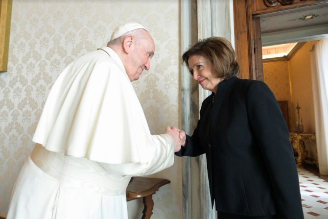 Pope Francis meets with House Speaker Nancy Pelosi at the Vatican, Oct. 9, 2021