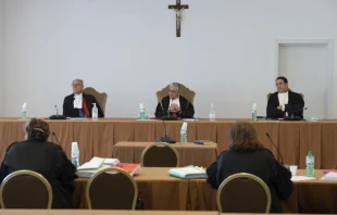 The Tribunal of the Vatican City State holds a hearing in a multipurpose room at the Vatican Museums. Vatican Media.