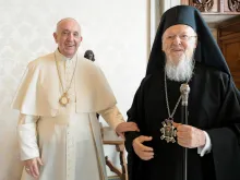 Pope Francis meets with Ecumenical Patriarch Bartholomew I at the Vatican, Oct. 4, 2021.