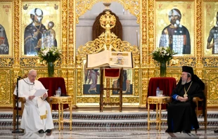 Pope Francis addresses Orthodox bishops in the Orthodox Cathedral in Nicosia, Cyprus, Dec. 3, 2021. Vatican Media.
