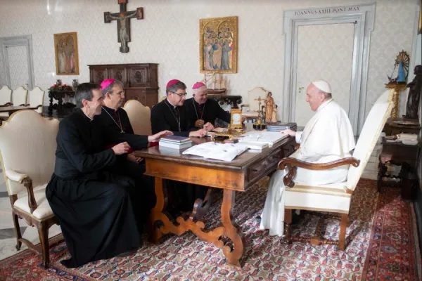 Pope Francis meets French bishops at the Vatican, Dec. 13, 2021. Vatican Media.