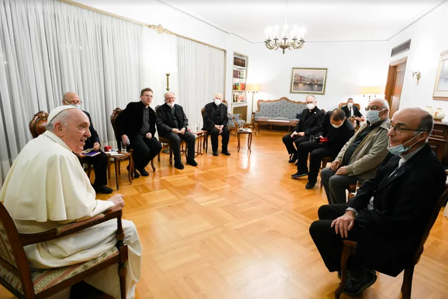 Pope Francis speaks to Jesuits at the apostolic nunciature in Athens, Greece, Dec. 4, 2021.?w=200&h=150