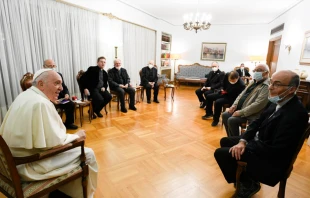 Pope Francis speaks to Jesuits at the apostolic nunciature in Athens, Greece, Dec. 4, 2021. Vatican Media.