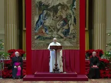 Pope Francis addresses members of the Roman Curia at the Vatican on Dec. 23, 2021.