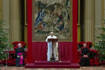 Pope Francis addresses members of the Roman Curia at the Vatican on Dec. 23, 2021l.