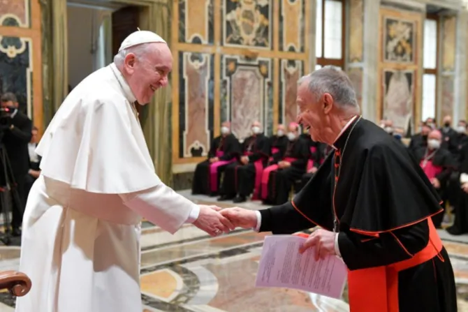 Pope Francis greets Cardinal Luis Ladaria at the Vatican’s Clementine Hall, Jan. 21, 2022