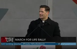 Father Mike Schmitz, the host of the "Bible in a Year" podcast, addresses the crowd at the March for Life rally on the National Mall in Washington, D.C., on Jan. 21, 2022. Youtube.com/EWTN