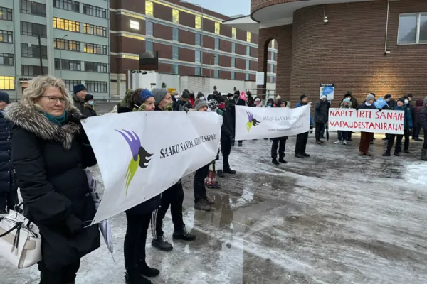 Supporters of Päivi Räsänen Juhana Pohjola outside Helsinki District Court, Finland, on Jan. 24, 2022. ADF International.