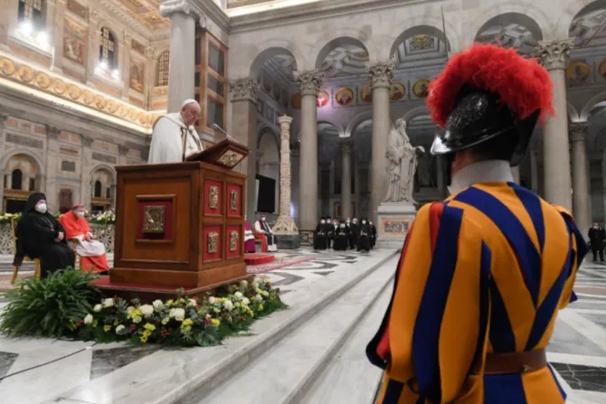 Pope Francis presides at the celebration of Second Vespers of the Solemnity of the Conversion of St. Paul at Rome’s Basilica of St. Paul Outside-the-Walls, Jan. 25, 2021