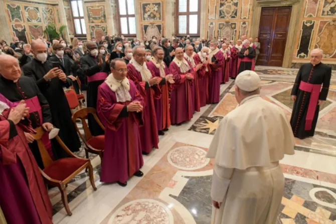 Pope Francis addresses members of the Roman Rota in the Vatican’s Clementine Hall, Jan. 27, 2022