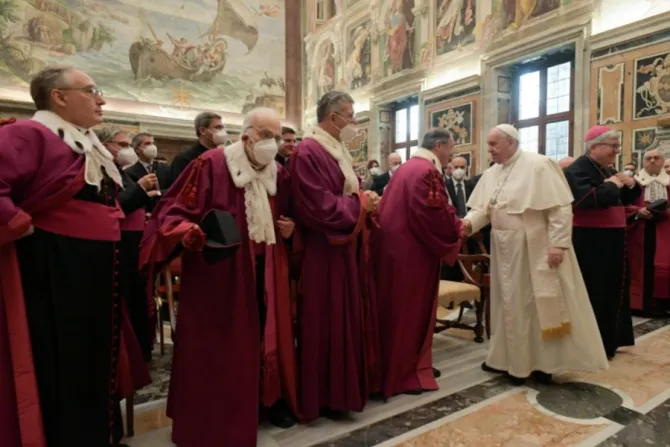 Pope Francis addresses members of the Roman Rota in the Vatican’s Clementine Hall, Jan. 27, 2022