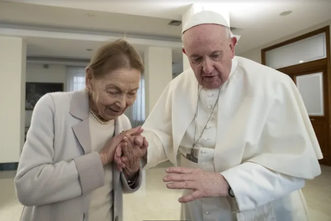 Pope Francis meets with Holocaust survivor Edith Bruck at the Vatican’s Casa Santa Marta, Jan. 27, 2022