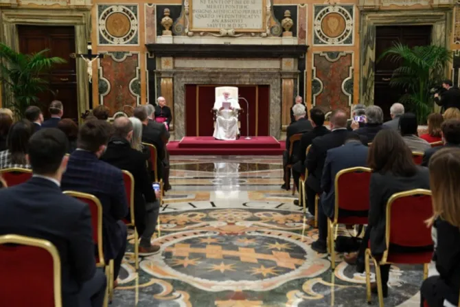 Pope Francis meets members of the Catholic Factchecking consortium at the Vatican’s Clementine Hall, Jan. 28, 2022