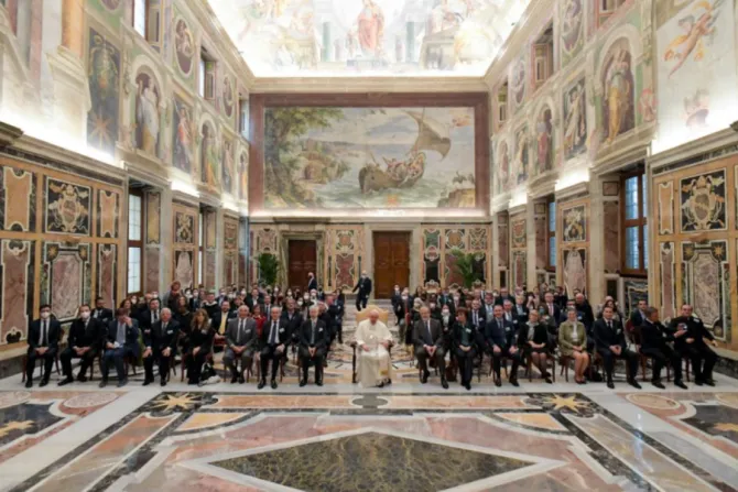 Pope Francis meets members of the Catholic Factchecking consortium at the Vatican’s Clementine Hall, Jan. 28, 2022