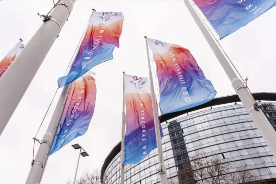 ‘Synodal Way’ flags fly in front of the Congress Center Messe Frankfurt in Germany.?w=200&h=150