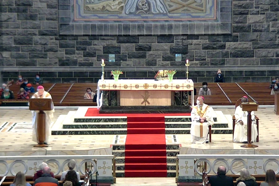 Bishop Brendan Kelly (speaking) and Bishop Michael Duignan (seated) concelebrate Mass at Galway Cathedral, Ireland, on Feb. 11, 2022.?w=200&h=150