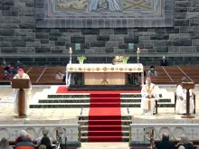 Bishop Brendan Kelly (speaking) and Bishop Michael Duignan (seated) concelebrate Mass at Galway Cathedral, Feb. 11, 2022.