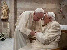 Pope Francis presents new cardinals to Benedict XVI in the chapel of the Vatican’s Mater Ecclesiae Monastery on Nov. 28, 2020.