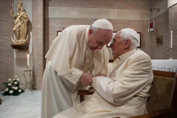 Pope Francis presents new cardinals to Benedict XVI in the chapel of the Vatican’s Mater Ecclesiae Monastery on Nov. 28, 2020. Vatican News.