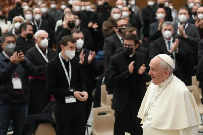Pope Francis addresses the International Theological Symposium on the Priesthood at the Vatican’s Paul VI Hall, Feb. 17, 2022.