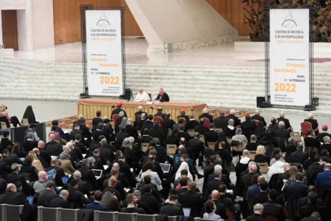 Pope Francis addresses the International Theological Symposium on the Priesthood at the Vatican’s Paul VI Hall, Feb. 17, 2022.