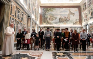 Pope Francis meets with Diakonia of Beauty, a group dedicated to celebrating sacred art, on Feb. 17, 2022. Vatican Media.