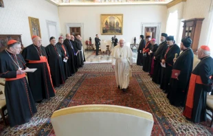 Pope Francis meets Iraqi Church representatives on the first anniversary of his visit to Iraq, Feb. 28, 2022. Vatican Media.