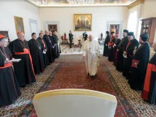 Pope Francis meets Iraqi Church representatives on the first anniversary of his visit to Iraq, Feb. 28, 2022.
