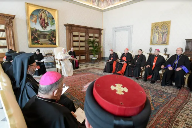Pope Francis meets Iraqi Church representatives on the first anniversary of his visit to Iraq, Feb. 28, 2022