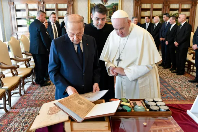Lebanon’s President Michel Aoun meets with Pope Francis at the Vatican, March 21, 2022