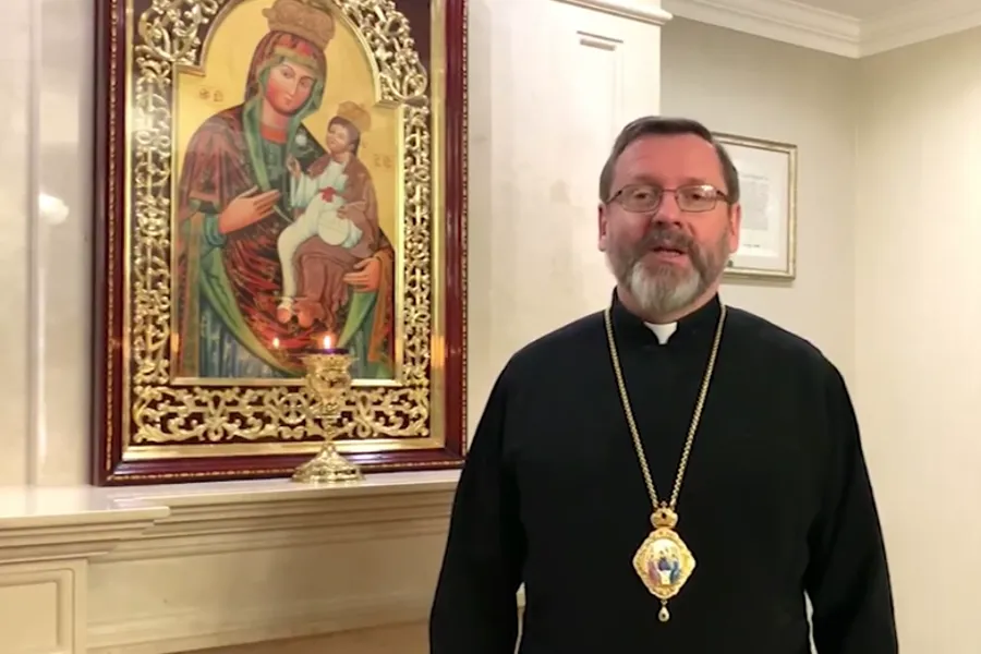 Major Archbishop Sviatoslav Shevchuk records a video message on March 28, 2022.?w=200&h=150