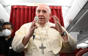 Pope Francis speaks during an in-flight press conference from Malta, April 3, 2022. Vatican Media.