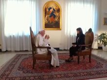 Pope Francis is interviewed by Lorena Bianchetti at the Vatican.