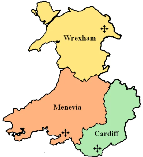 The three Catholic dioceses in Wales. Via Wikimedia (CC BY-SA 3.0).